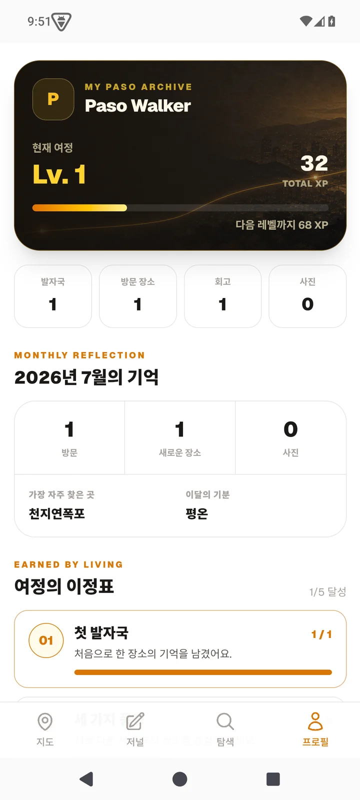 Hello My Paso 알파 빌드의 데모 프로필 화면으로 월간 회고와 여정 이정표가 표시된 모습